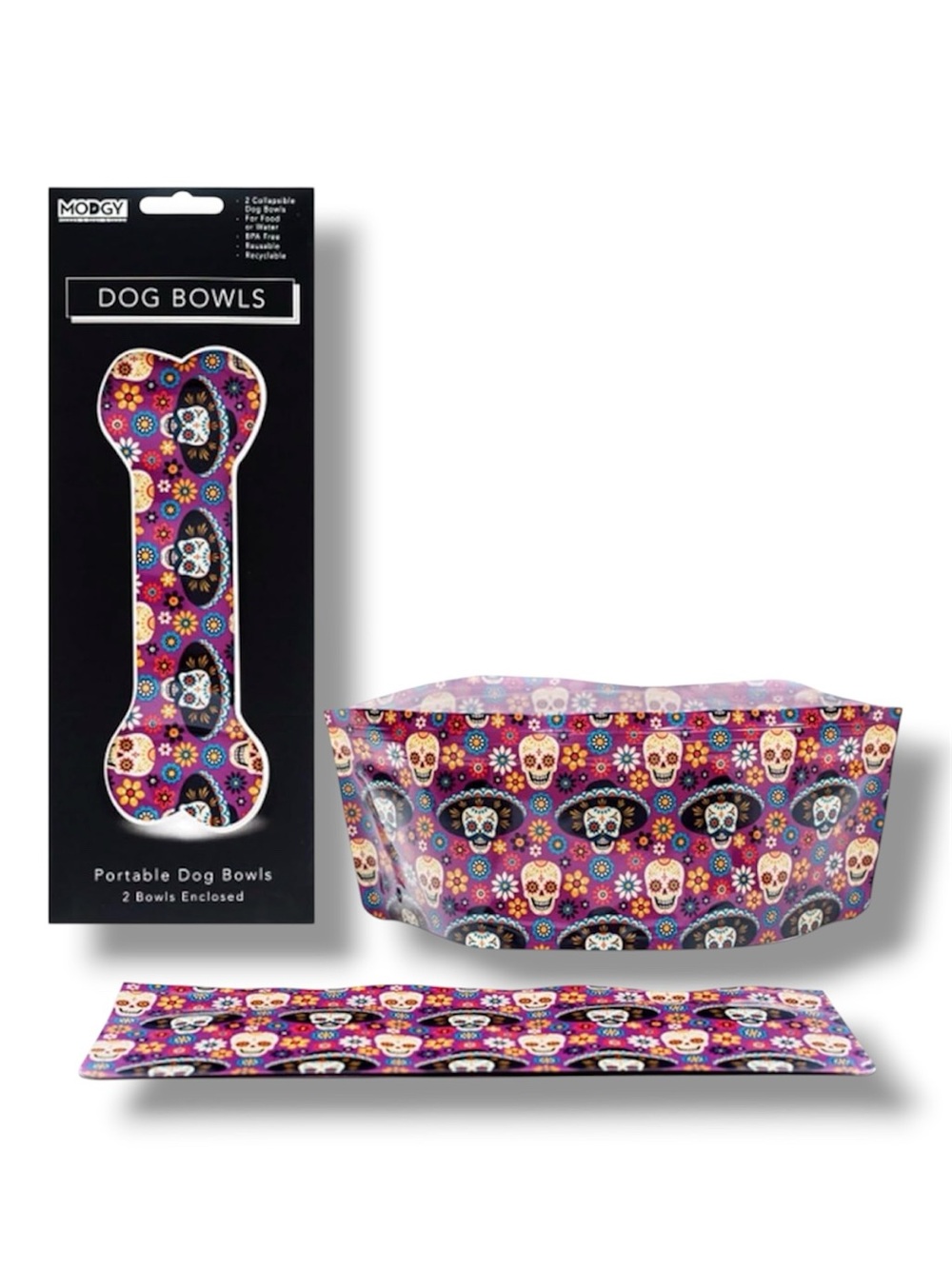 2-Pack Modgy Expandable Dog Bowls Set - Mexican Sugar Skulls Design - NWT